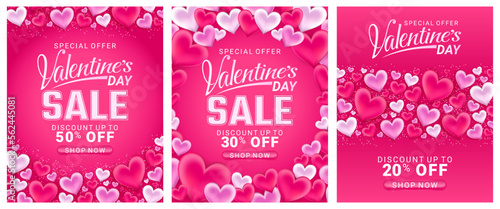 Sale special offer Happy Valentines Day greeting Background, set of abstract backgrounds with love and pattern pink color for banner, poster, cover design templates, social media feed wallpaper storie photo