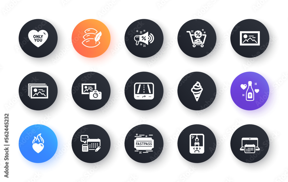 Minimal set of Photo camera, Love champagne and Account flat icons for web development. Crane claw machine, Gps, Pillow icons. Fastpass, Image gallery, Only you web elements. Vector