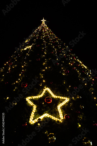 Big Christmas Tree with neon decorations on city square, night time. Christmass tree with bright garlands and big golden star, seasonal celebrations concept.