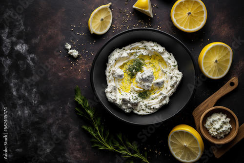 Top view of a gray bowl holding a whipped feta cheese dip with garlic and lemon. Greek food concept. Generative AI