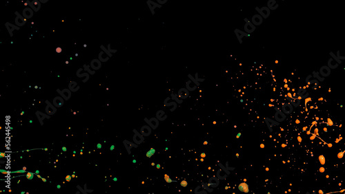 Mix green orange liquid splashes, swirl and waves with scatter drops. The royalty-free stock of paint, oil or ink splashing dynamic motion, design elements for advertising isolated on black background