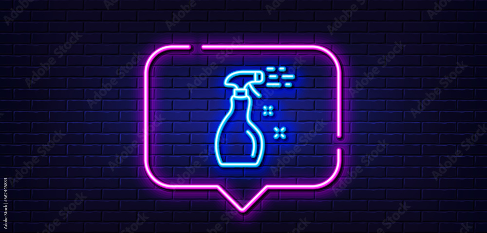Neon light speech bubble. Cleaning spray line icon. Washing liquid or Cleanser symbol. Housekeeping equipment sign. Neon light background. Cleaning spray glow line. Brick wall banner. Vector Neon light speech bubble. Cleaning spray line icon. Washing liquid or Cleanser symbol. Housekeeping equipment sign. Neon light background. Cleaning spray glow line. Brick wall banner. Vector