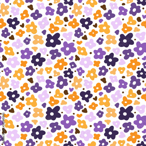 Pattern of small purple  and yellow flowers. Seamless blossom vector image.