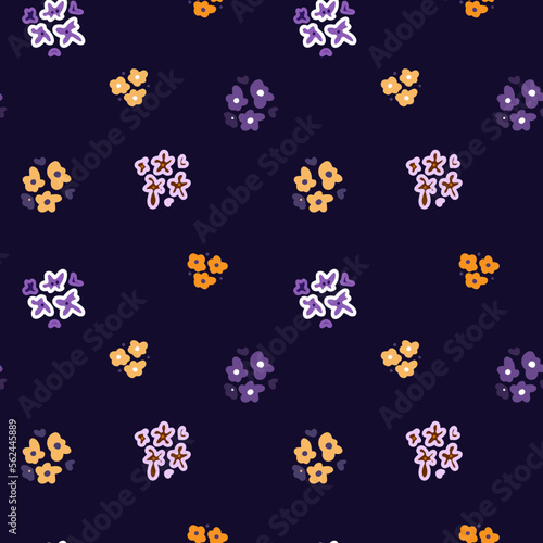 Pattern of small flowers on a purple background. Seamless vector image.