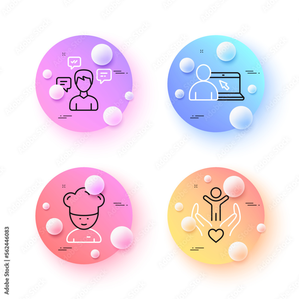 Online education, Conversation messages and Cooking chef minimal line icons. 3d spheres or balls buttons. Volunteer icons. For web, application, printing. Vector Online education, Conversation messages and Cooking chef minimal line icons. 3d spheres or balls buttons. Volunteer icons. For web, application, printing. Vector
