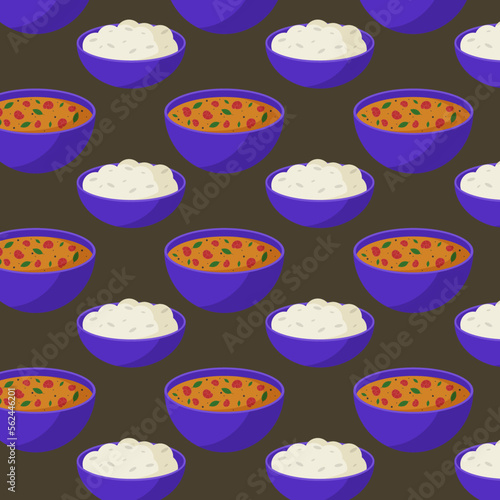 Seamless pattern with tom yam and rice. Illustration of Asian food