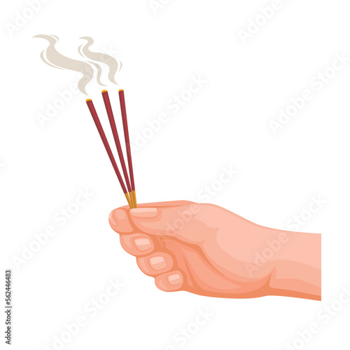 Hand holding incense stick buddhist praying religion symbol cartoon illustration vector