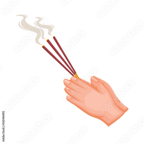 Hand holding incense stick buddhist praying religion symbol cartoon illustration vector