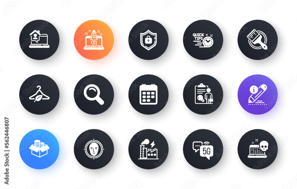 Minimal set of Start business, Quick tips and 5g internet flat icons for web development. Edit, Search, Shield icons. Brush, Electricity factory, Work home web elements. Calendar. Vector Minimal set of Start business, Quick tips and 5g internet flat icons for web development. Edit, Search, Shield icons. Brush, Electricity factory, Work home web elements. Calendar. Vector