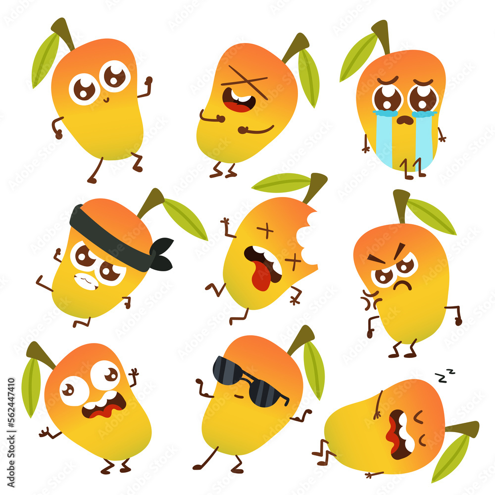 Cute Cartoon Emotional Mango character stickers on white background Cute Cartoon Emotional Mango character stickers on white background
