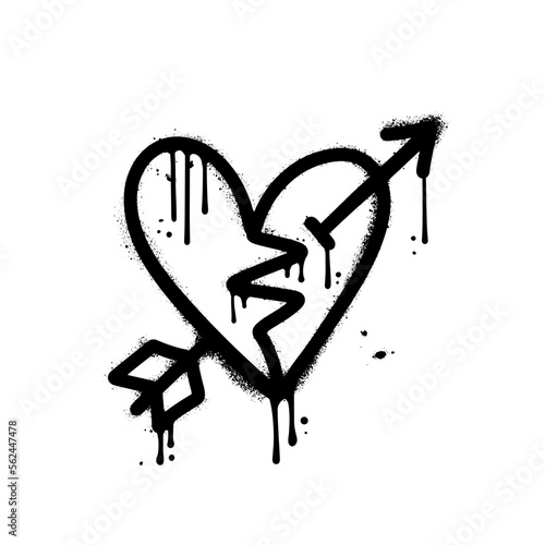 Broken heart shape with arrow. Black paint urban graffiti vector illustration. Textured isolated print concept.