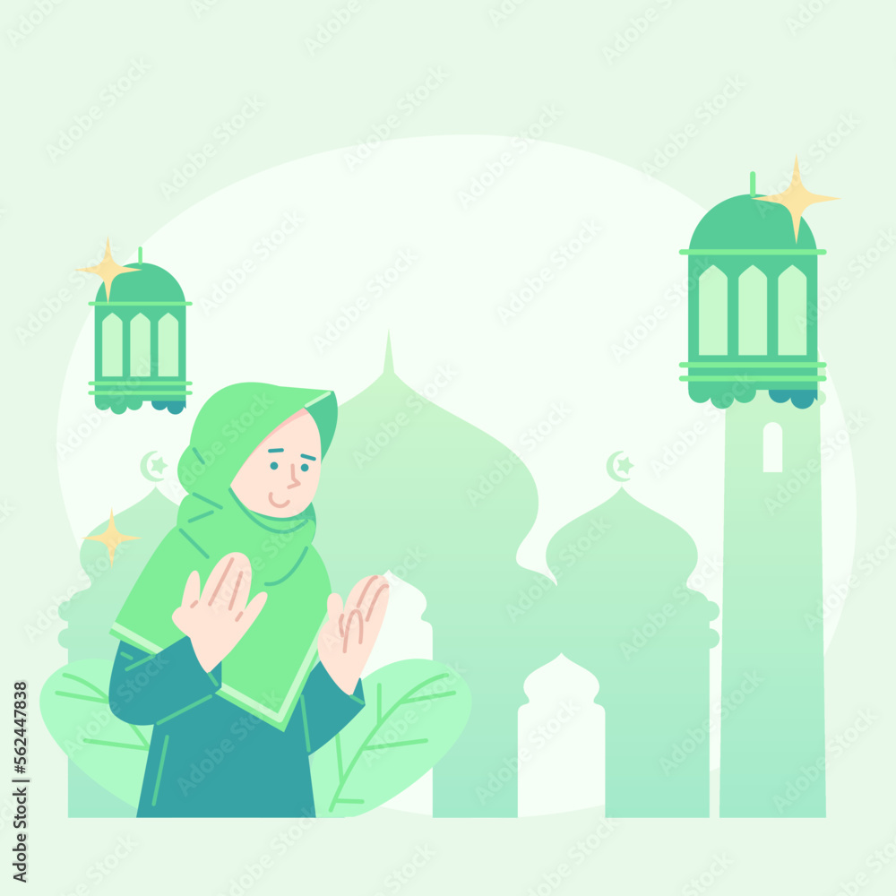 cute flat illustration eid mubarak greeting. flat illustration about fasting. cute illustration of breaking fast. cute flat illustration ramadan.