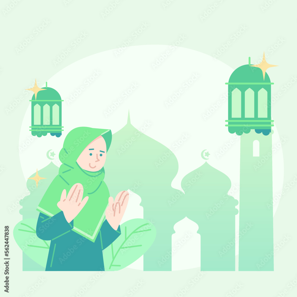 Fototapeta premium cute flat illustration eid mubarak greeting. flat illustration about fasting. cute illustration of breaking fast. cute flat illustration ramadan.