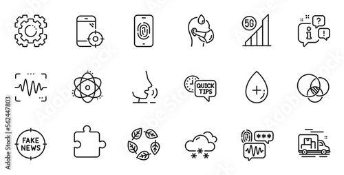 Outline set of Quick tips, Fake news and Organic tested line icons for web application. Talk, information, delivery truck outline icon. Include Voice wave, Atom, Puzzle icons. Vector