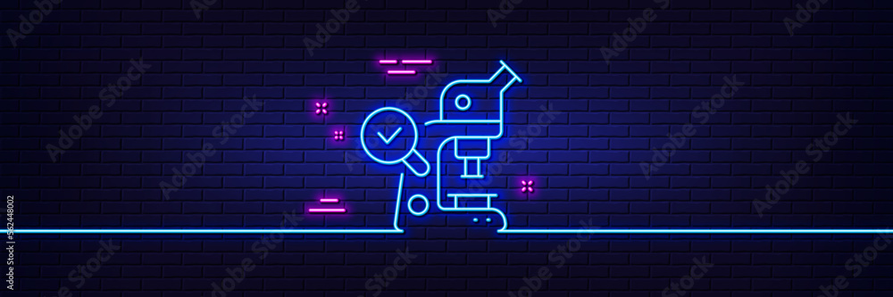 Neon light glow effect. Microscope line icon. Laboratory equipment sign. Science lab instrument symbol. 3d line neon glow icon. Brick wall banner. Microscope outline. Vector Neon light glow effect. Microscope line icon. Laboratory equipment sign. Science lab instrument symbol. 3d line neon glow icon. Brick wall banner. Microscope outline. Vector