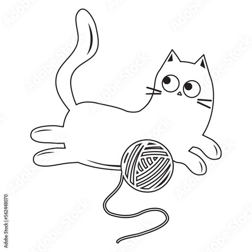 Cute cat playing with a ball of thread, black outline, vector illustration in doodle style