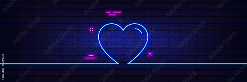 Neon light glow effect. Heart line icon. Love sign. Valentines Day sign symbol. 3d line neon glow icon. Brick wall banner. Heart outline. Vector