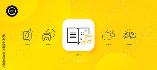 Metro, Music book and Painting brush minimal line icons. Yellow abstract background. Sports stadium, Blood donation icons. For web, application, printing. Vector