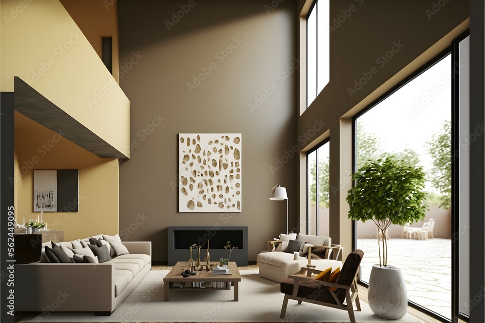 Fototapeta premium A modern hotel room, in a minimalist millenium crib, high ceiling and filled with warm earth and khaki colour as the wall blend in with the design of the furniture.