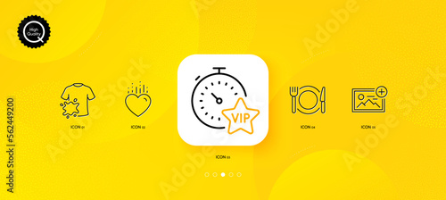 Dirty t-shirt, Vip timer and Heart minimal line icons. Yellow abstract background. Add photo, Restaurant food icons. For web, application, printing. Laundry shirt, Exclusive privilege, Love. Vector