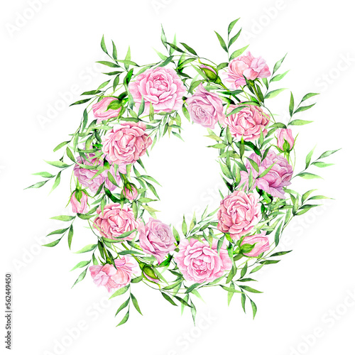 Watercolor illustration of a wreath of pink roses