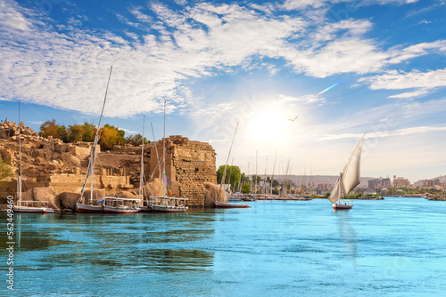 Obraz na płótnie Traditional view of Aswan with sailboats in the Nile, Egypt w salonie