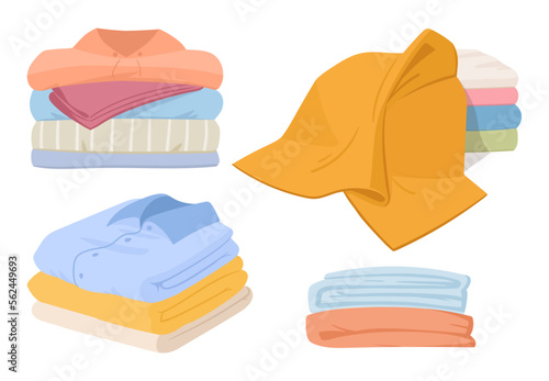 Cartoon clean clothes pile. Stacked laundry clothes, clean clothing. Laundry apparel isolated flat vector illustration set