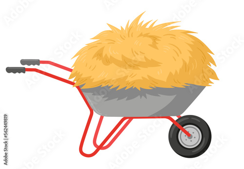 Rural hay in wheelbarrow. Cartoon agricultural farm stacked fodder straw, cart of dried hay flat vector background illustration
