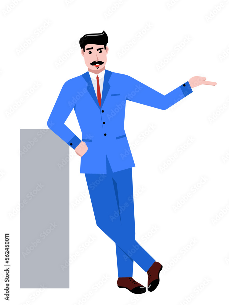 Businessman in blue suit standing, showing gesture with hand isolated over white background. Presentation, ad. Concept of business, career, innovations
