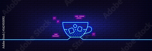 Neon light glow effect. Coffee with ice icon. Cold drink sign. Beverage symbol. 3d line neon glow icon. Brick wall banner. Cold coffee outline. Vector