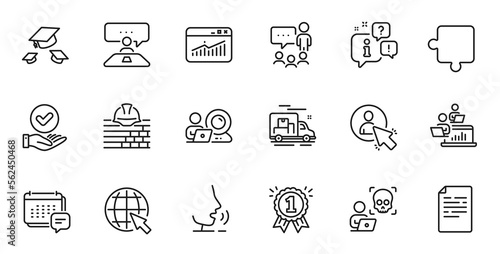 Outline set of Interview job  People chatting and Puzzle line icons for web application. Talk  information  delivery truck outline icon. Include Message  User  Website statistics icons. Vector