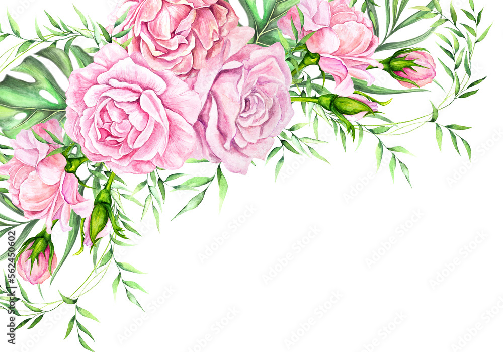  watercolor illustration composition banner bouquet of pink roses with green tropical leaves isolated on white background