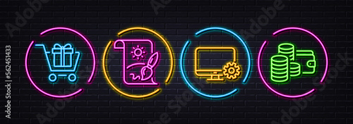 Creative painting, Monitor settings and Shopping cart minimal line icons. Neon laser 3d lights. Wallet icons. For web, application, printing. Graphic art, Service cogwheel, Gift box. Vector