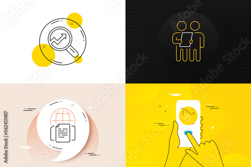 Minimal set of Internet documents, Analytics and Computer mouse line icons. Phone screen, Quote banners. Survey icons. For web development. Web page, Audit analysis, Pc device. Contract. Vector