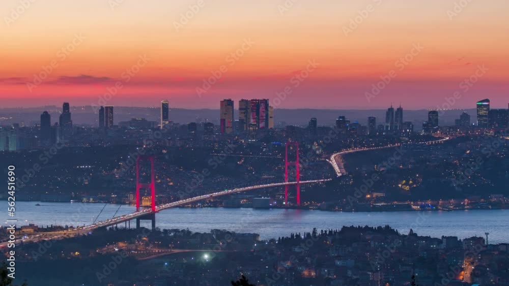 Istanbul city skyline cityscape time lapse from day to night aerial view of bosphorus bridge (15th July Martyrs Bridge) and financial business center from Camlica hill. Traffic on the bridge and ship Istanbul city skyline cityscape time lapse from day to night aerial view of bosphorus bridge (15th July Martyrs Bridge) and financial business center from Camlica hill. Traffic on the bridge and ship