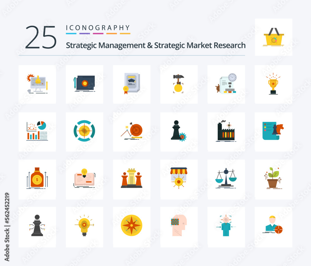 Strategic Management And Strategic Market Research 25 Flat Color icon pack including file. tool. degree. break. hammer