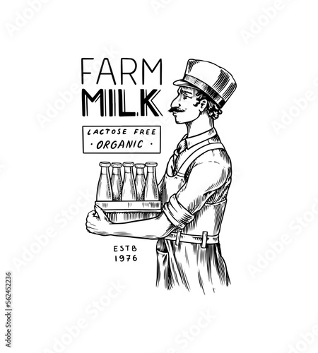 Milk delivery. Milkman in an apron with cans of milk. Vintage logo or label for shop. Badge for t-shirts. Hand Drawn engrave sketch. Vector illustration.
