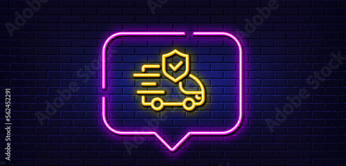 Neon light speech bubble. Transport insurance line icon. Car risk coverage sign. Delivery protection symbol. Neon light background. Transport insurance glow line. Brick wall banner. Vector