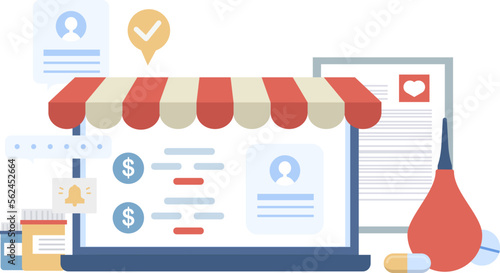 Online pharmacy flat icon Buying medicines by laptop Shopping