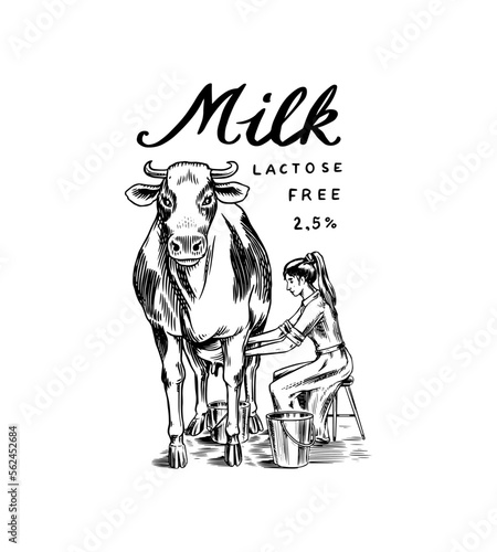 Milk badge. Cow and woman farmer, milkmaid Vintage logo for shop and t-shirts. Village or meadow. Hand Drawn engrave sketch. Vector illustration.