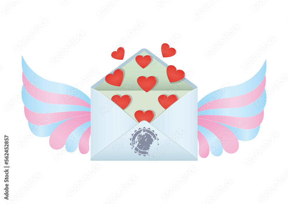 Graphic holiday illustration with envelope and a lot of hearts