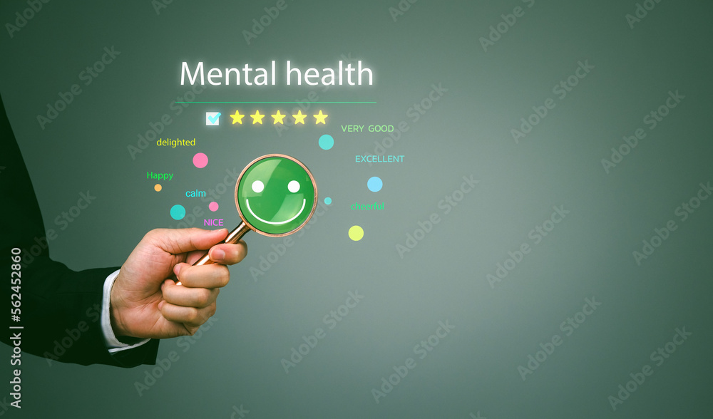 Mental health assessment concept, man holding glasses mockup with survey happy people There will be bright smiley faces, passing a 5-star satisfactory rating. Mental health assessment concept, man holding glasses mockup with survey happy people There will be bright smiley faces, passing a 5-star satisfactory rating.