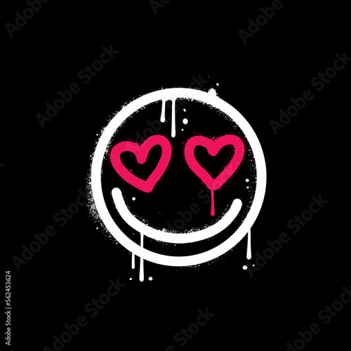 Emoji smiling face wiwh heart shaped eyes. Urban typography street art print with spray effect and smile icon for graphic tee t shirt or sweatshirt. Hand drawn Textured Vector