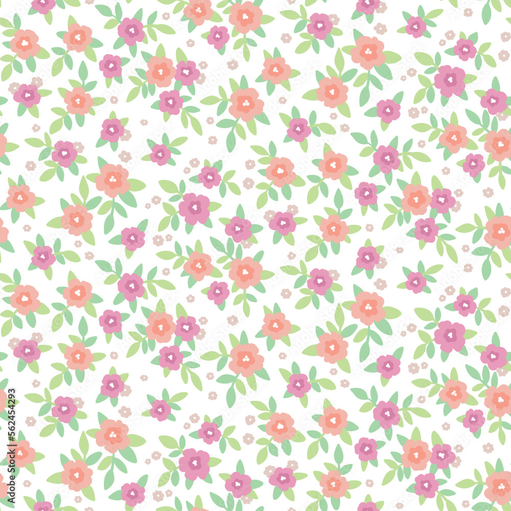 Seamless floral pattern, cute rustic flower print with small spring botany. Romantic ditsy design with tiny hand drawn flowers, leaves in liberty arrangement on white background. Vector illustration.