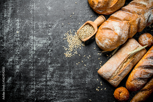The range of types of fresh bread with grain.
