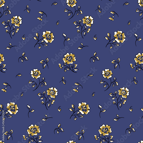 Seamless floral pattern, vintage flower print with decorative art plants. Beautiful botanical design with hand drawn yellow flowers, leaves, twigs scattered on a blue background. Vector illustration.
