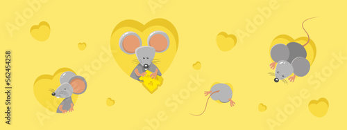 Yellow banner with cheese's texture and mice in different poses on it