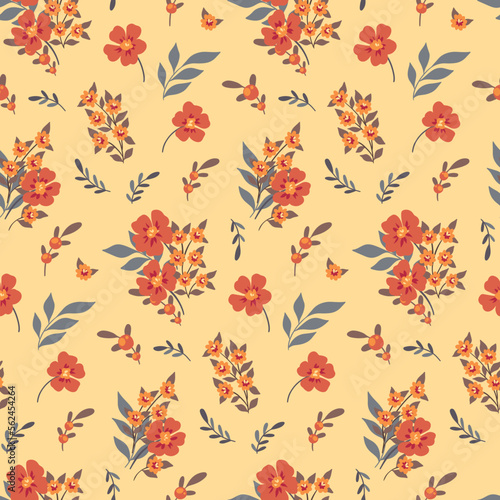 Seamless floral pattern with autumn folk motif. Decorative flower print, cute botanical design with hand drawn wild plants: small flowers, leaves in bunches on a light background. Vector illustration.