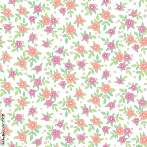 Seamless floral pattern, cute rustic flower print with small spring botany. Romantic ditsy design with tiny hand drawn flowers, leaves in liberty arrangement on white background. Vector illustration.