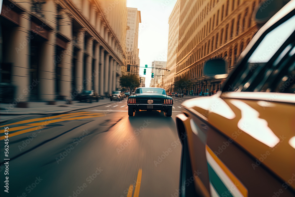 Fototapeta premium A thrilling high speed car chase. Made with Generative AI. 